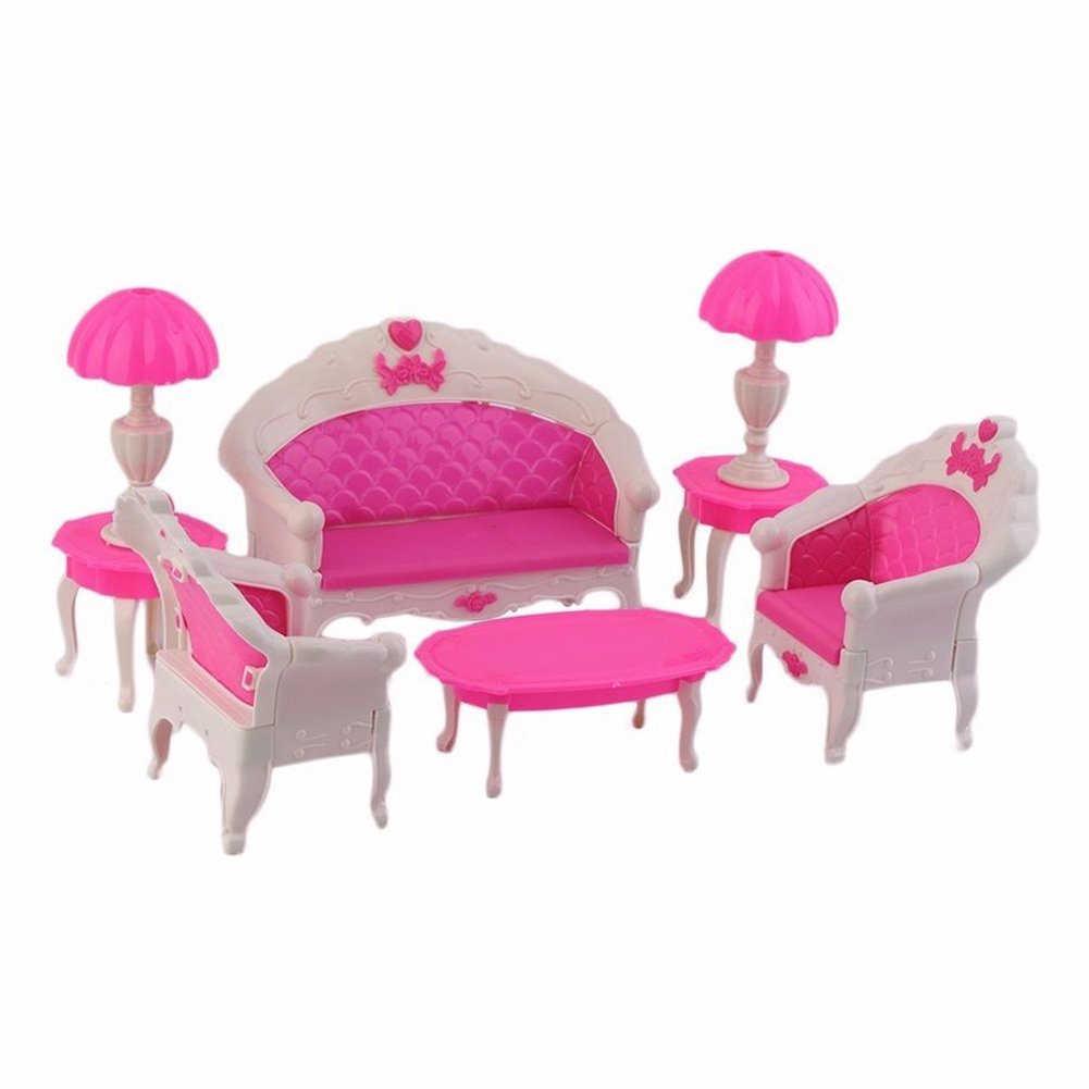 8Pcs Toys Barbie Doll Sofa Chair Couch Desk Lamp Furniture Set