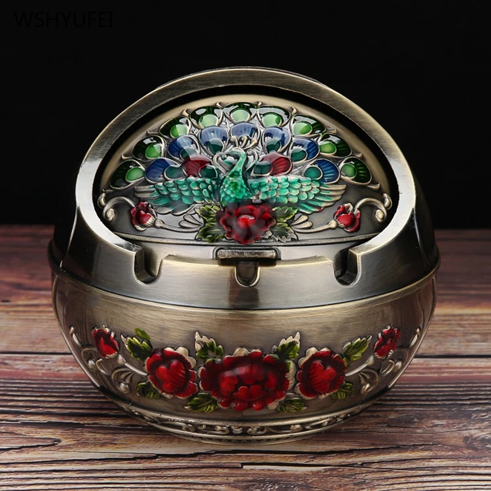 Description Picture 2 of itemAshtray Household Home Decor Zinc Alloy Retro Large Ash Holder with Lid for Home ,Peacock