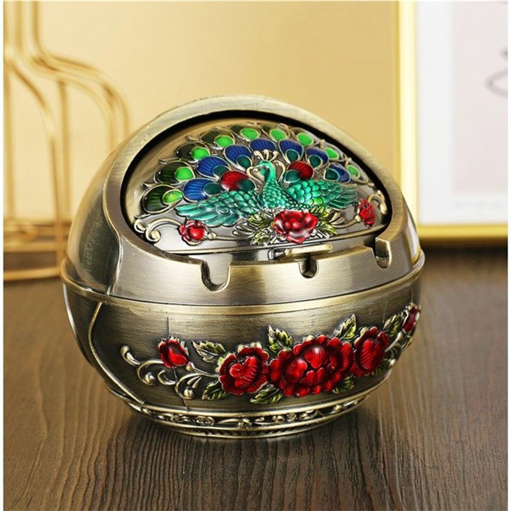 Description Picture 4 of itemAshtray Household Home Decor Zinc Alloy Retro Large Ash Holder with Lid for Home ,Peacock