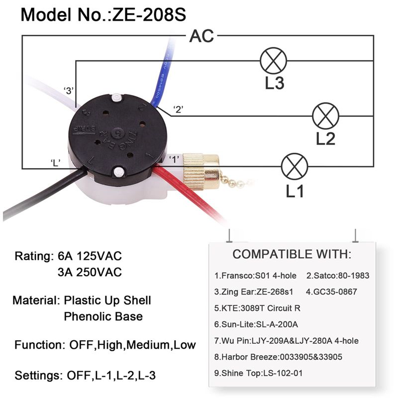 Description Picture 4 of itemCeiling Fan Switch Kit 3 Speed 4 Wire, Fan Switch Zipper Speed Control Switch, ZE-208S Pull Wire Switch with Rope Gold