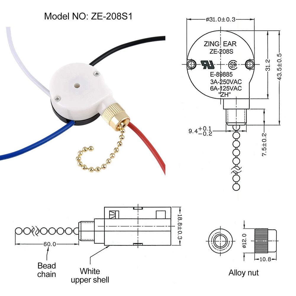 Description Picture 5 of itemCeiling Fan Switch Kit ZE-208S E89885 3 Speed 4 Wire Pull Chain, Ceiling Fan Parts, Switch Speed Control Switch