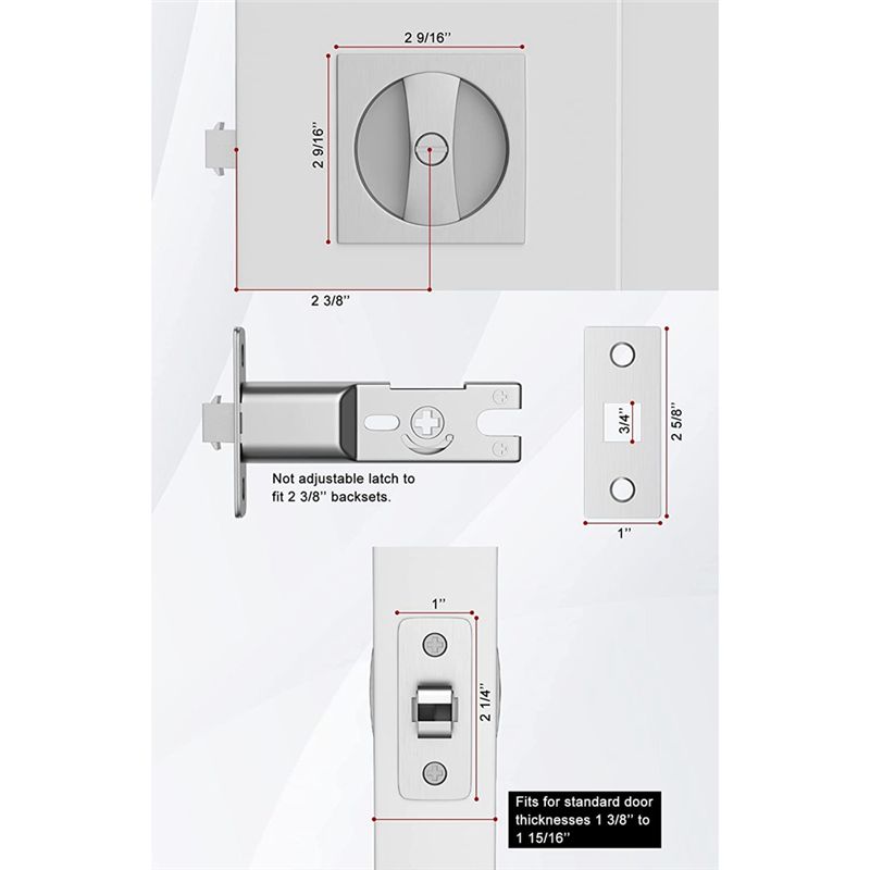 Description Picture 5 of itemBed/Bath Pocket Door Lock, Satin Nickel Contemporary Privacy Square Pocket Door Hardware, Sliding Pocket Door Latch