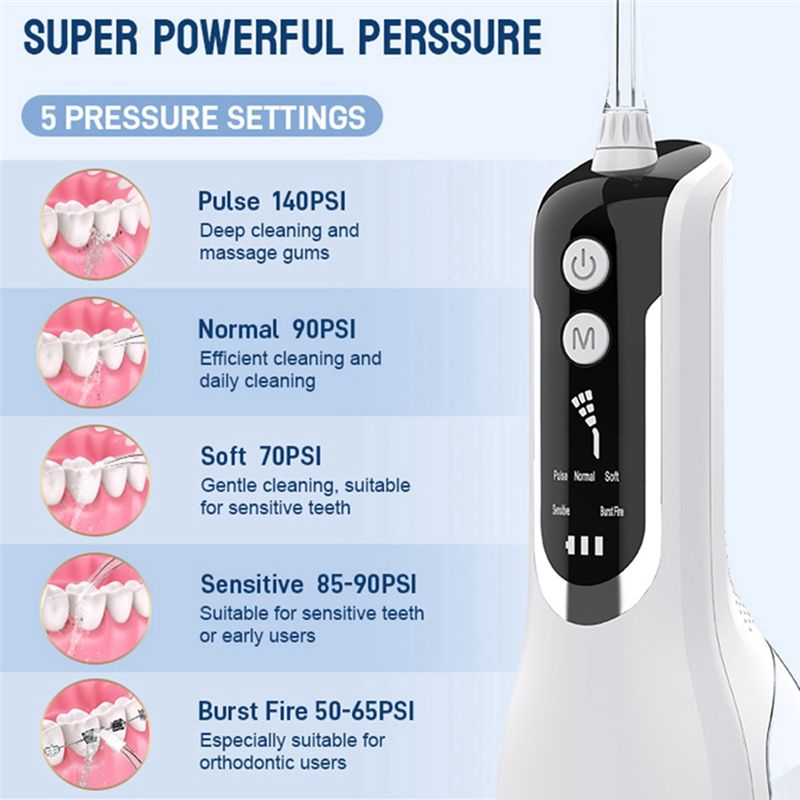 Description Picture 6 of itemOral Irrigator USB Rechargeable Portable Dental Water Jet 330ML Water Tank Waterproof Teeth Cleaner White