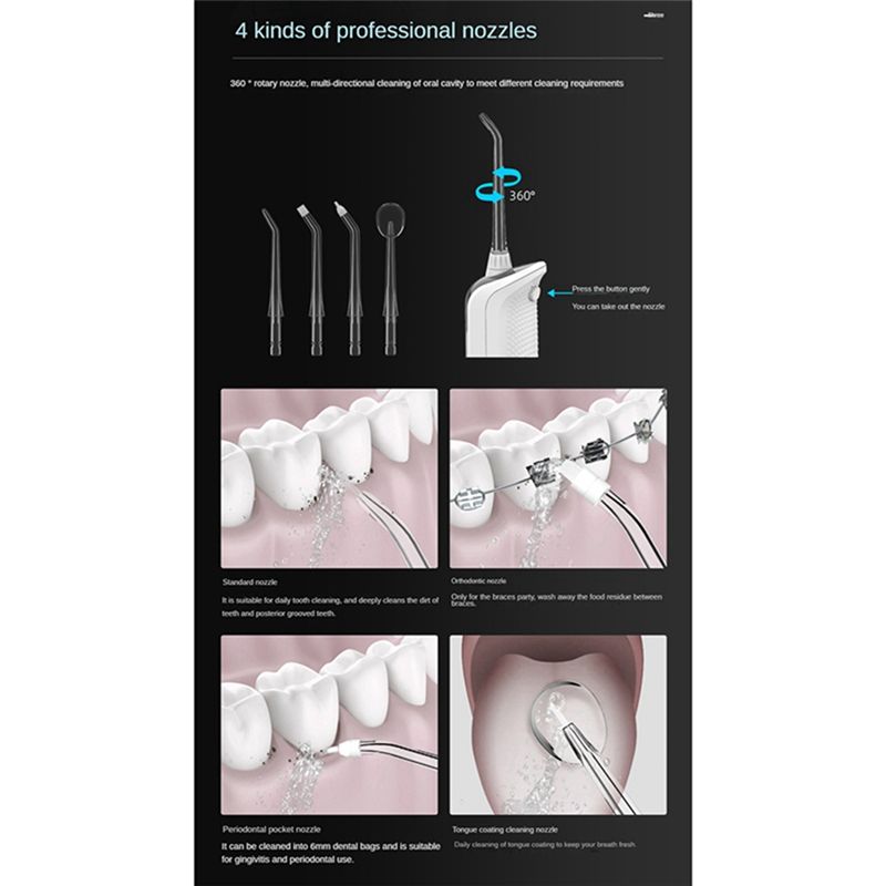 Description Picture 4 of itemOral Irrigator USB Rechargeable Portable Dental Water Jet 330ML Water Tank Waterproof Teeth Cleaner White
