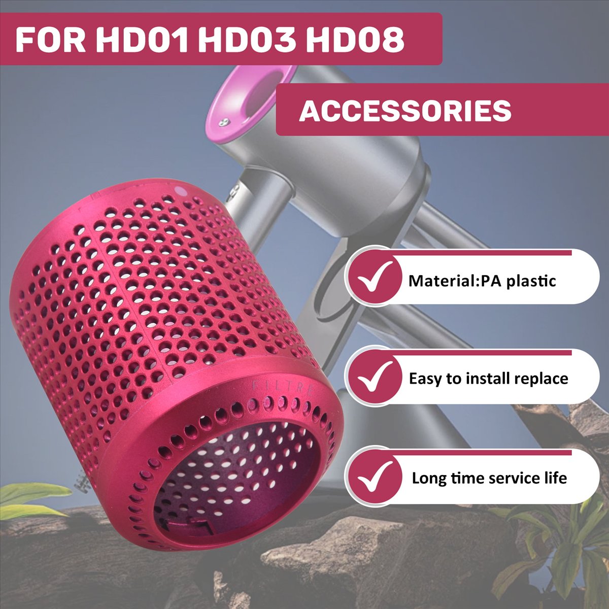 Description Picture 4 of itemSuitable for Hair Dryer HD01 HD03 HD08 Dustproof Outer Filter Cover Vacuum Cleaner Accessories Rose Red