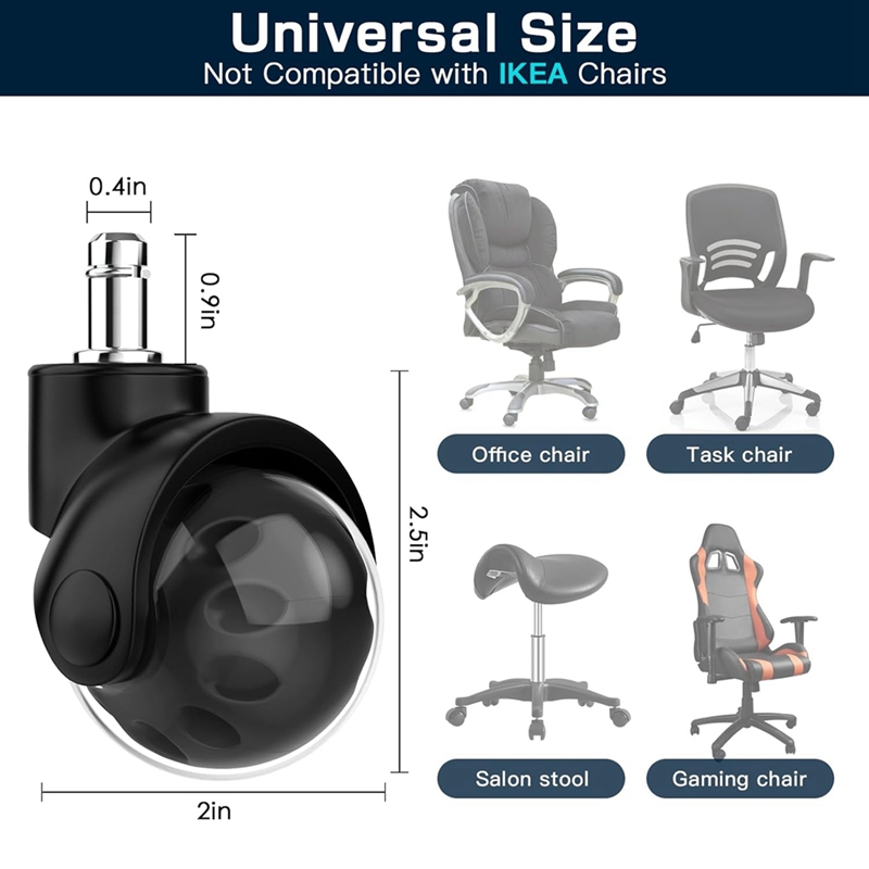 Description Picture 3 of item4PCS Office Chair Replacement Wheel - Quiet & Smooth Gliding - 2 Inch Heavy Duty Rolling Chair Casters,Black