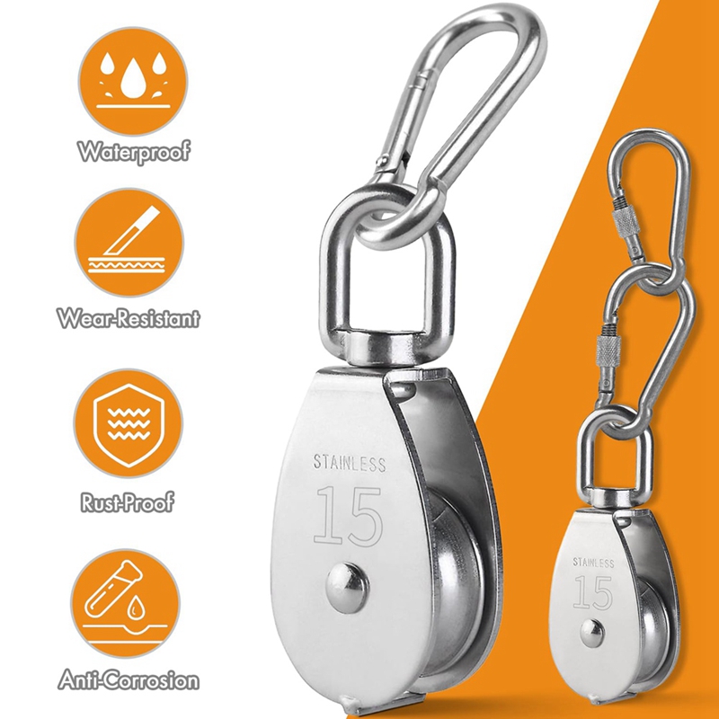 Description Picture 2 of itemM20 Stainless Steel Pulley System Kit-Heavy-Duty Pulley Wheel, Pulley Block with Nylon Rope 4MM, Hooks, Plate (2 Pack)