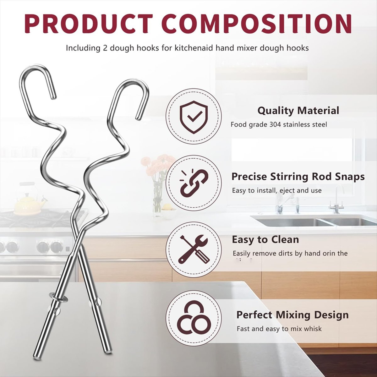 Description Picture 4 of itemA65T Dough Hook for Hand Mixer Replacement for Kitchenaid Hand Mixer Dough Hooks KHM512, Stainless Steel Dough Hooks