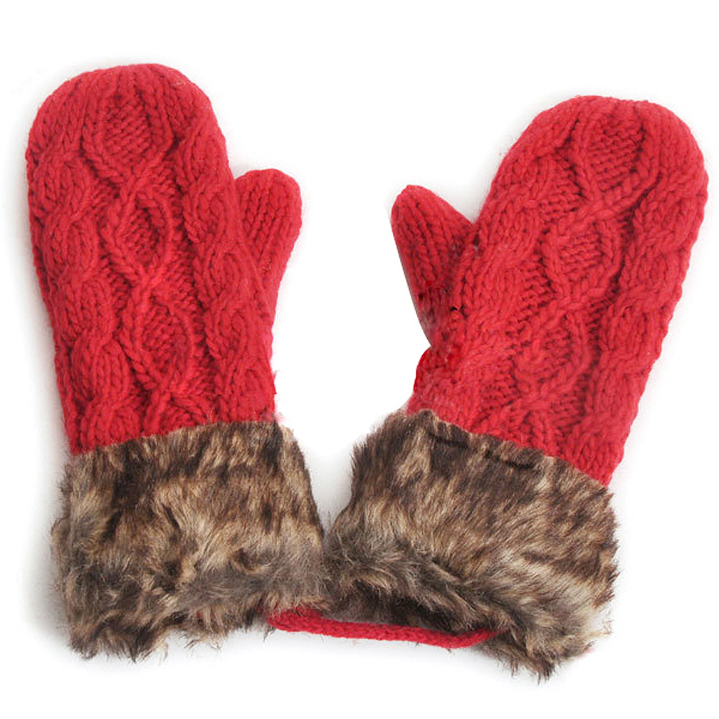 Warm Ladies Rag Wool Winter Snow Mittens Knitted Fleece Lined Fur