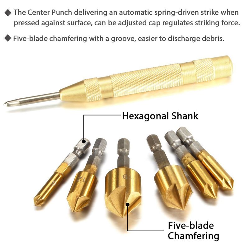 Countersink Drill Bits Center Punch Tool Set, Automatic Punch + Hex