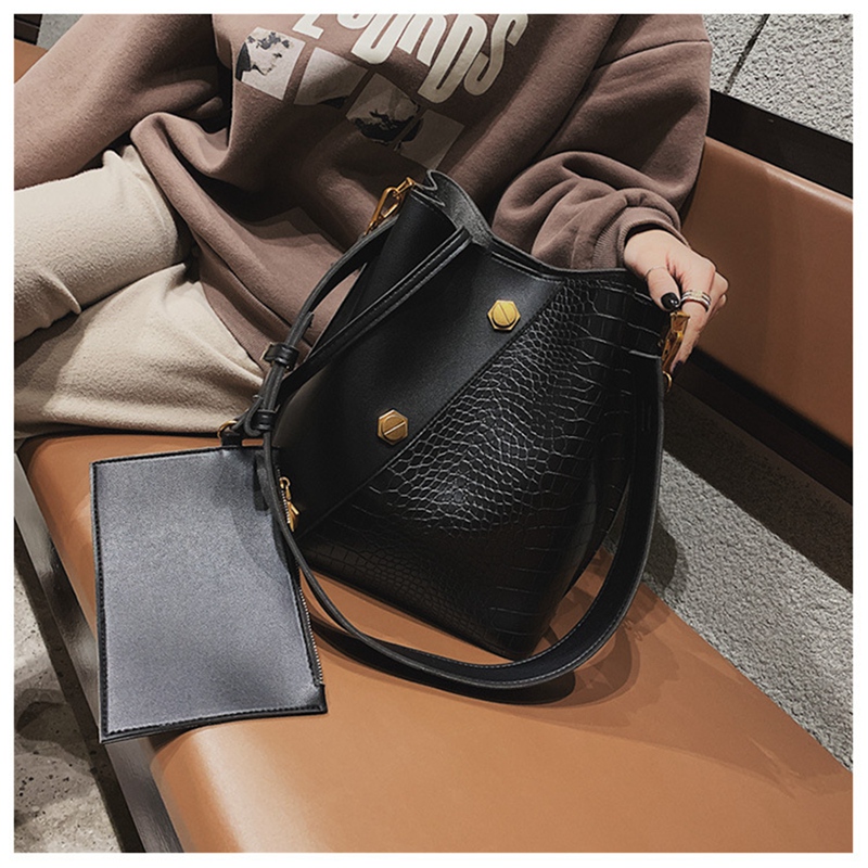 3X(2-In-1 Eimer Taschen mit Breitem Riemen Damen Handtaschen Aus Leder