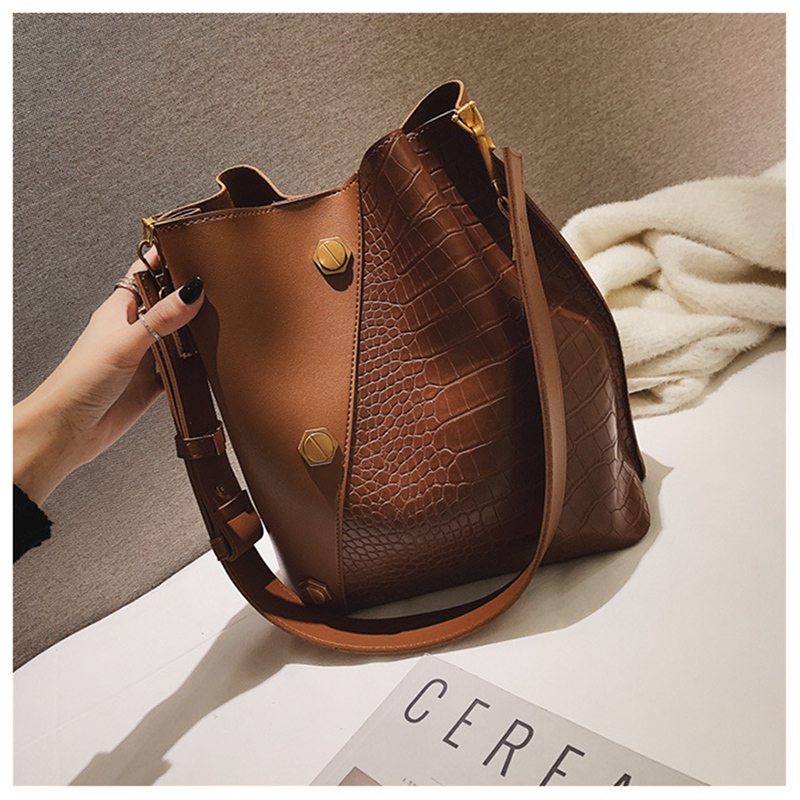 3X(2-In-1 Eimer Taschen mit Breitem Riemen Damen Handtaschen Aus Leder