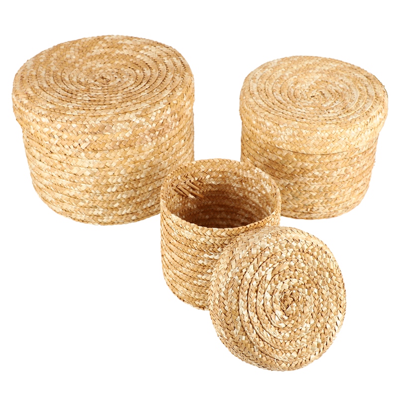 asdfwe Cestas del Almacenaje De Paja Tejida con Tapa Redonda De Acabado