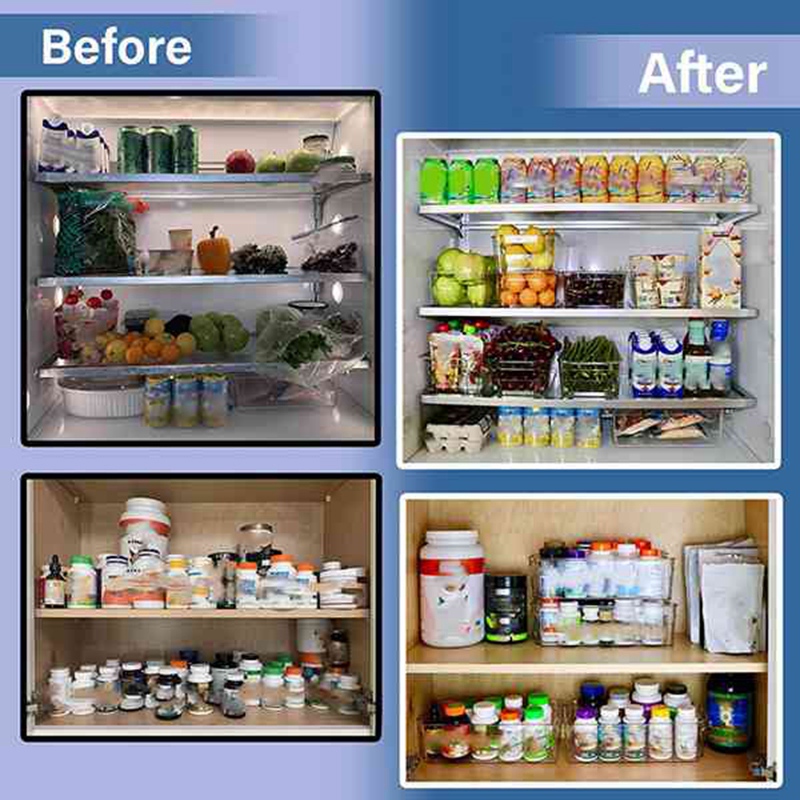 4 Pack Large Clear Plastic Refrigerator Food Organizer Bins with Handle